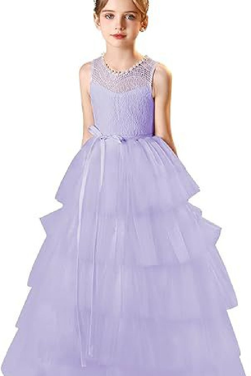 A-Line Scoop Neck Lace/Tulle Flower Girl Dresses With Cascading Ruffles 809160851086