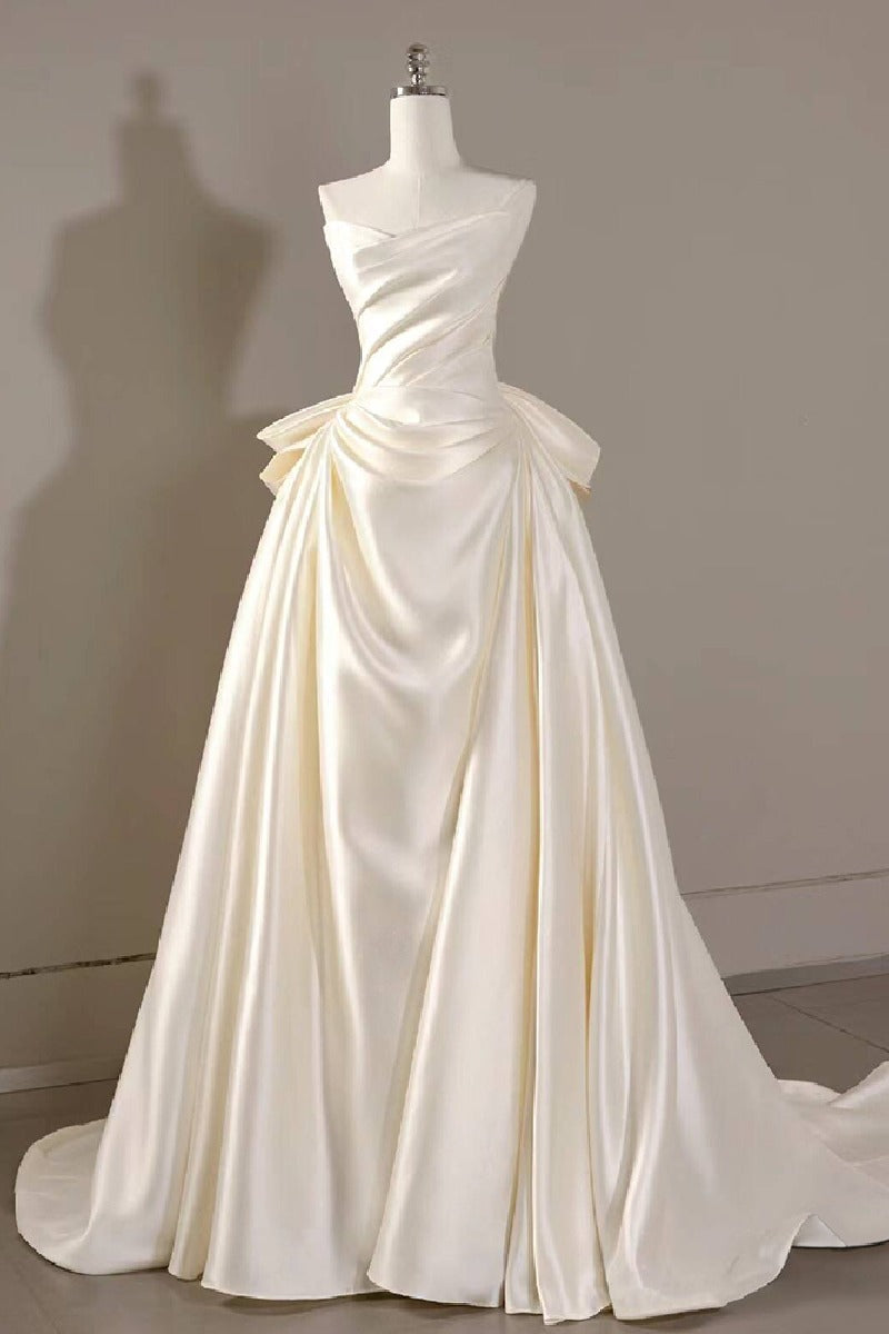 A-Line Sweep-Brush Train Satin Wedding Dress 814546469493