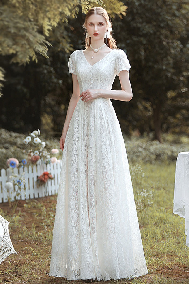 A-Line Floor Length Lace Wedding Dress 660344408093