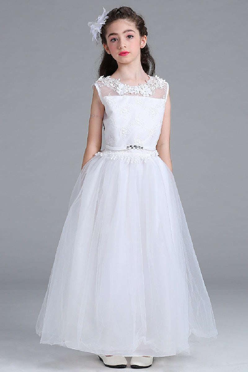 A-Line Illusion Neck Maxi Lace Tulle Flower Girl Dress 572076689366