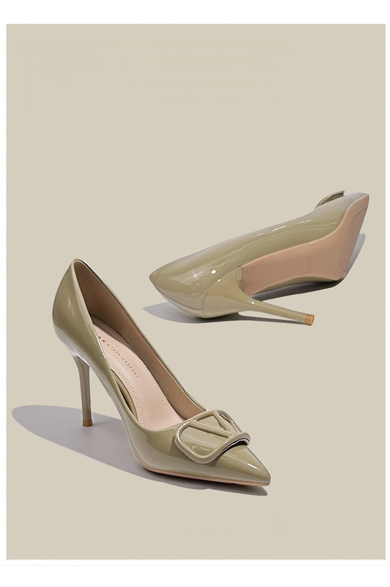 Temperament all-match V-button pointy stiletto heels patent leather dress shoes 726578630201