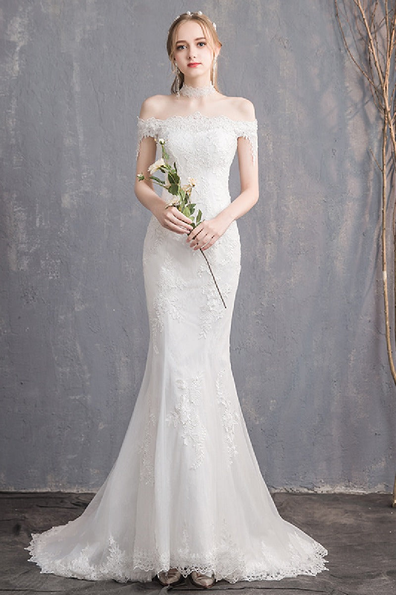 Trumpet-Mermaid Sweep-Brush Train Lace Wedding Dress 748293587296