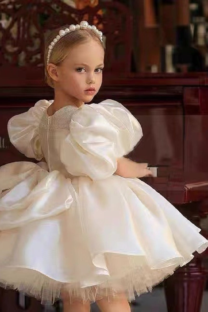 Ball Gown Scoop Neck Puff Sleeves Mini Satin Flower Girl Dresses 669285166945