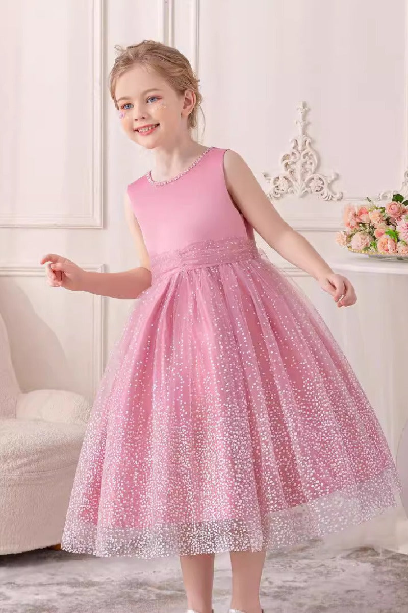 A-Line Scoop Neck Sleeveless Midi Tulle/Sequined Flower Girl Dresses 828722259586