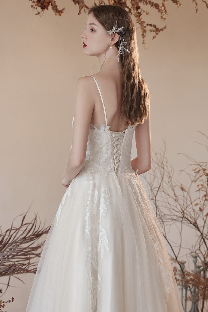 A-Line Ankle Length Lace Tulle Wedding Dress 820734030790