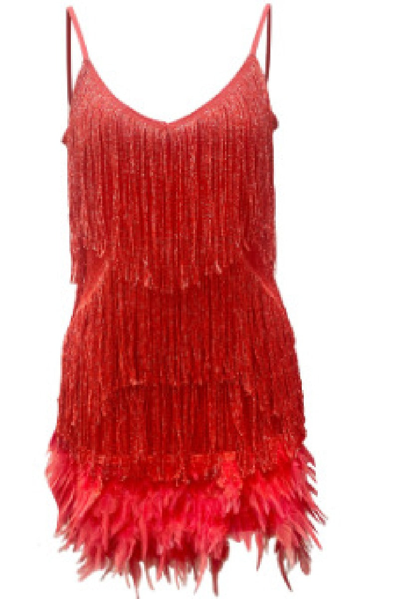 Fringed sequin sexy V-neck halter feather patchwork dress 715257715853