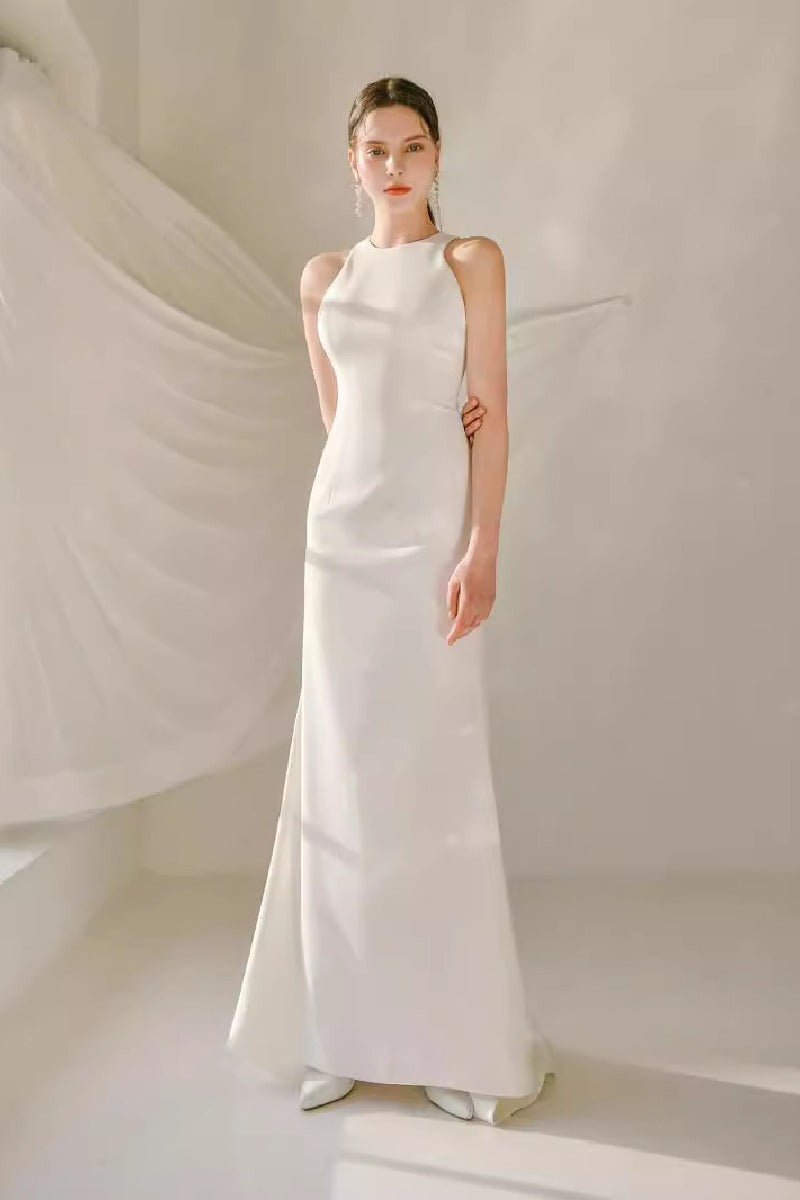 Sheath-Column Sweep-Brush Train Elastic Cloth Wedding Dress 817428862897