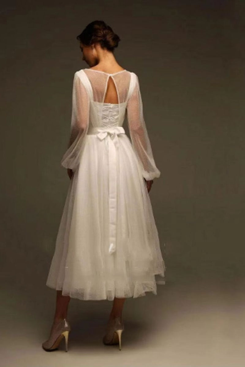 A-Line Tea Length Tulle Wedding Dress 857895271881