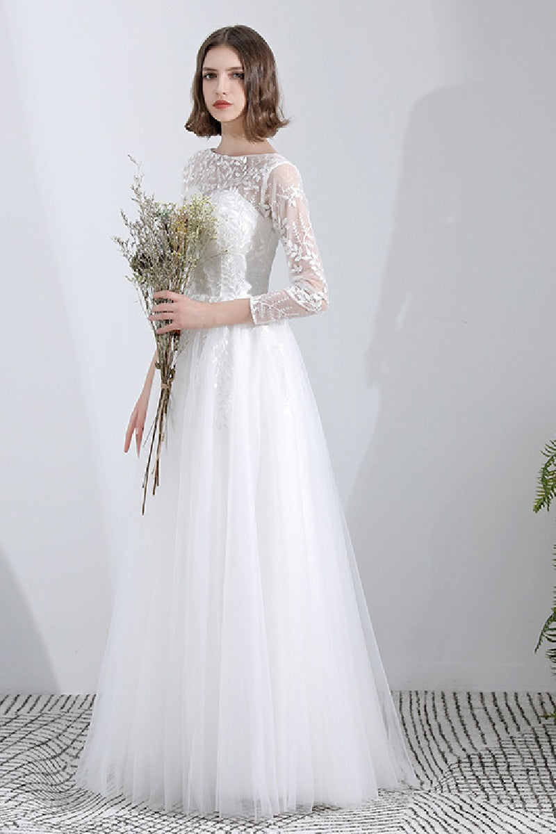 A-Line Floor Length Lace Tulle Wedding Dress 629871670095