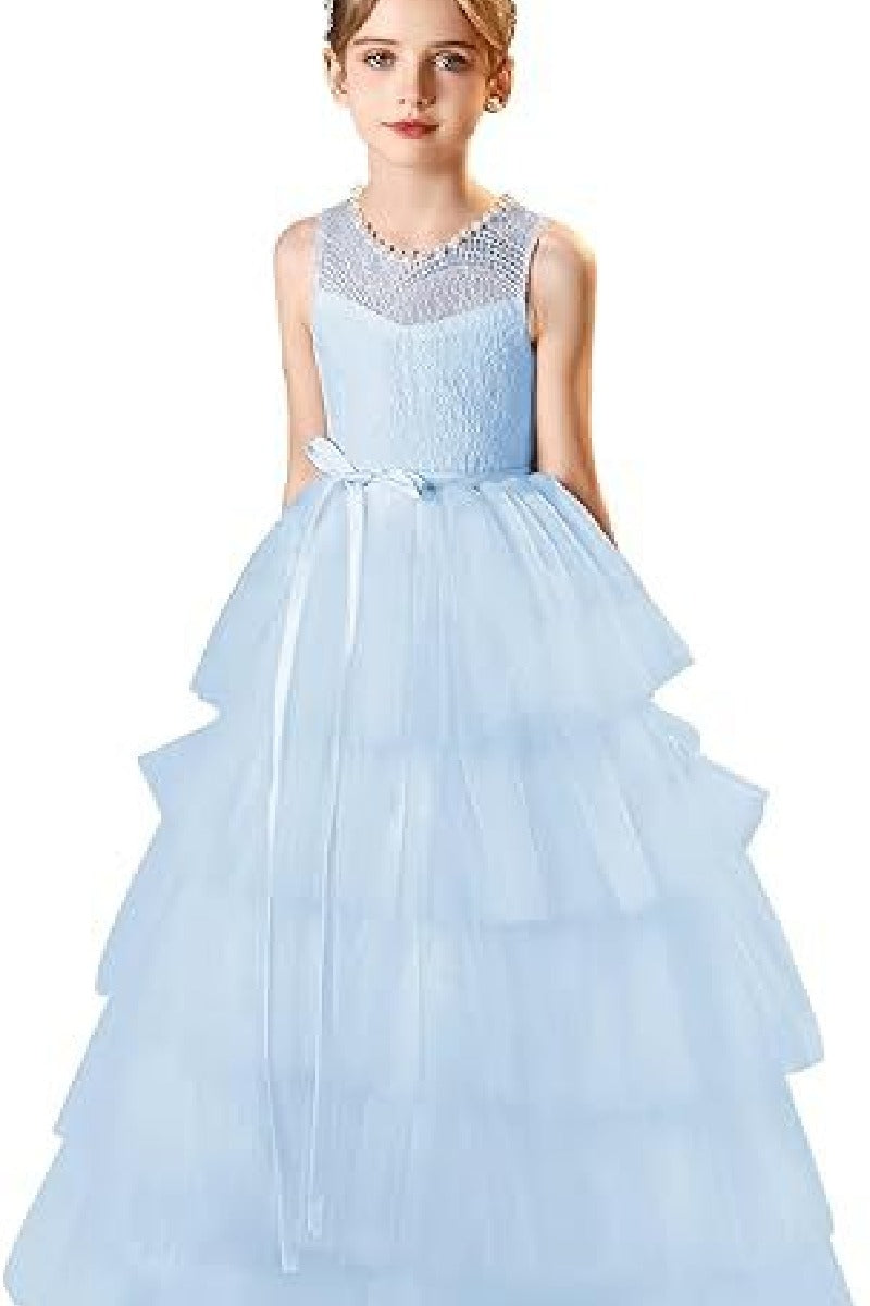 A-Line Scoop Neck Lace/Tulle Flower Girl Dresses With Cascading Ruffles 809160851086