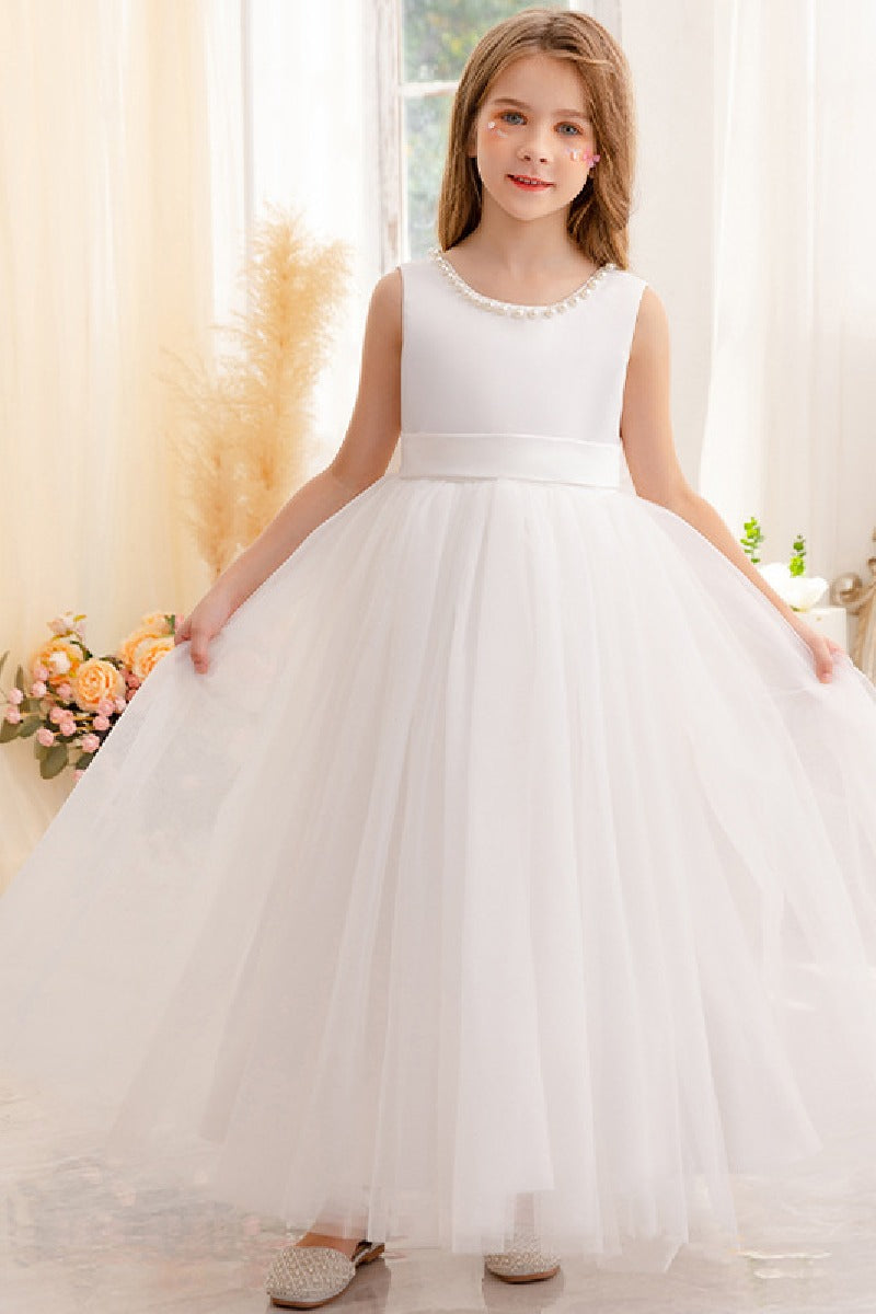 A-Line Scoop Neck Satin/Tulle Flower Girl Dresses With Bow(s)/Beading 752041855392