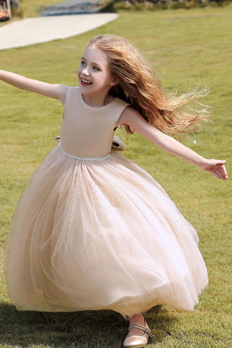 A-Line Scoop Neck Sleeveless Floor-Length Satin/Tulle Flower Girl Dresses With Bow(s)  744500696201