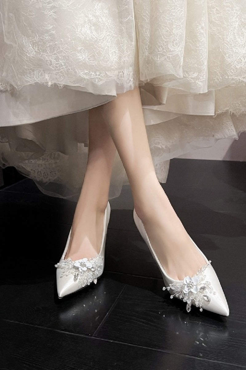 White Satin High Heels Rhinestone Flower Bridesmaid Shoes 799105157591