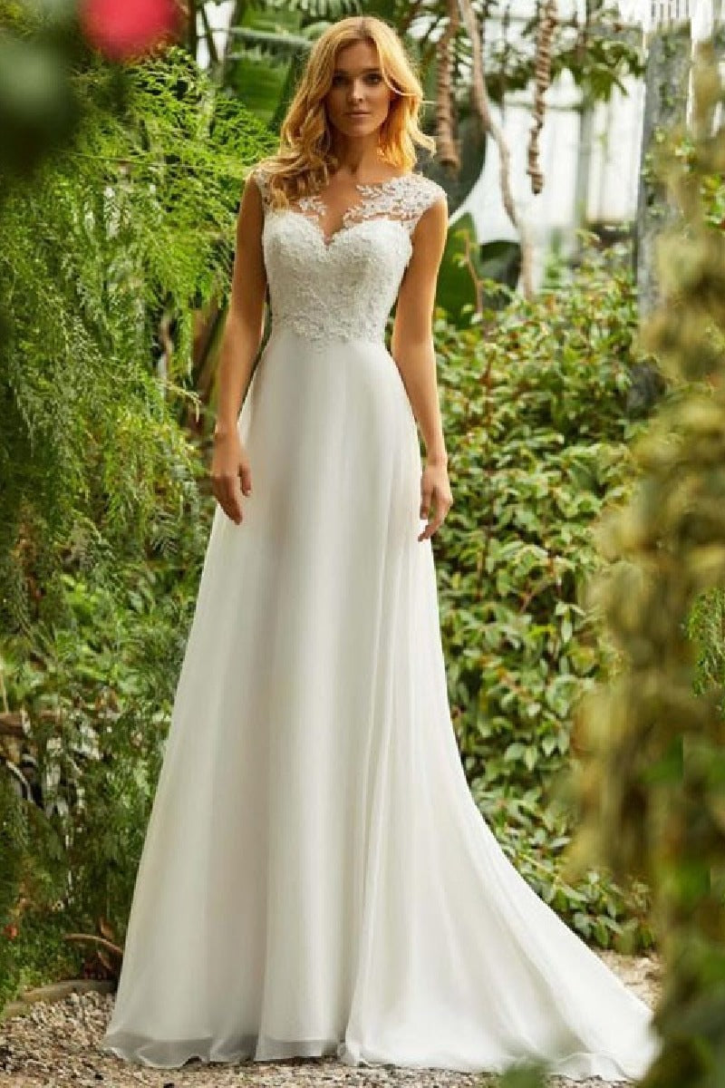 A-Line Sweep-Brush Train Lace Chiffon Wedding Dress 731359582005