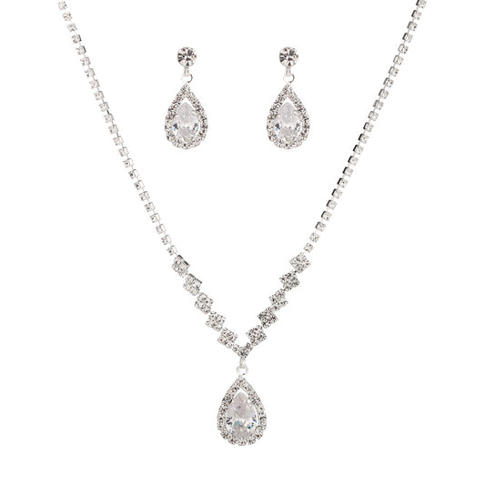 Wedding Zircon water drop pendant set chain Bridal rhinestone silver plated necklace earrings 2-piece wedding accessory set 561687881061