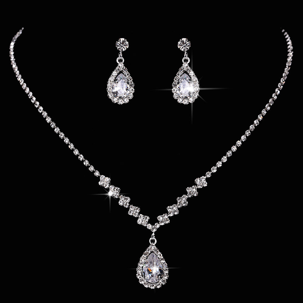 Wedding Zircon water drop pendant set chain Bridal rhinestone silver plated necklace earrings 2-piece wedding accessory set 561687881061