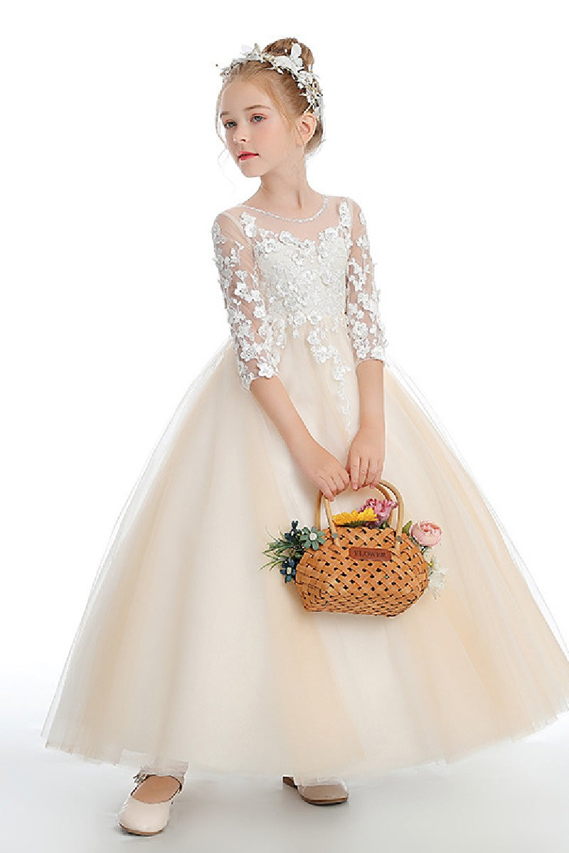 A-Line Lace Tulle Ankle-Length Flower Girl Dresses With Bow 760444365083