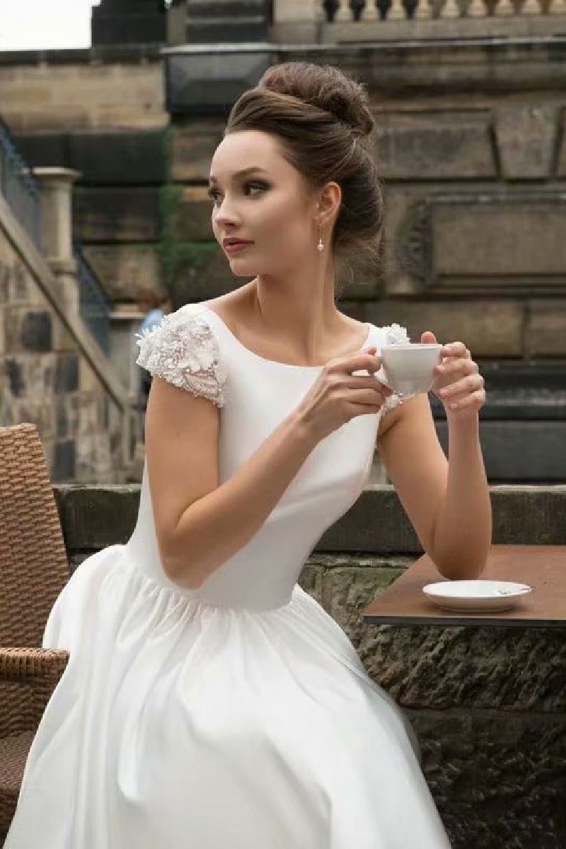 A-Line Tea Length Satin Wedding Dress 638933696642