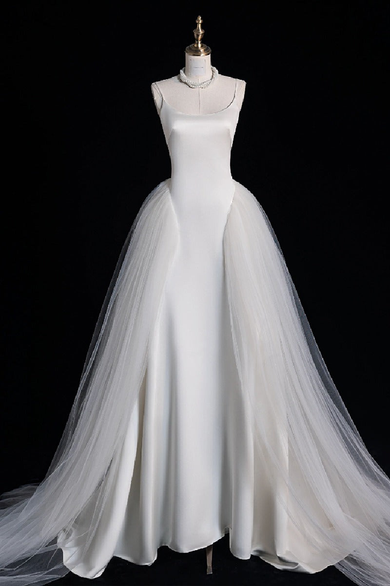 A-Line Sweep-Brush Train Satin Tulle Wedding Dress 735531201362