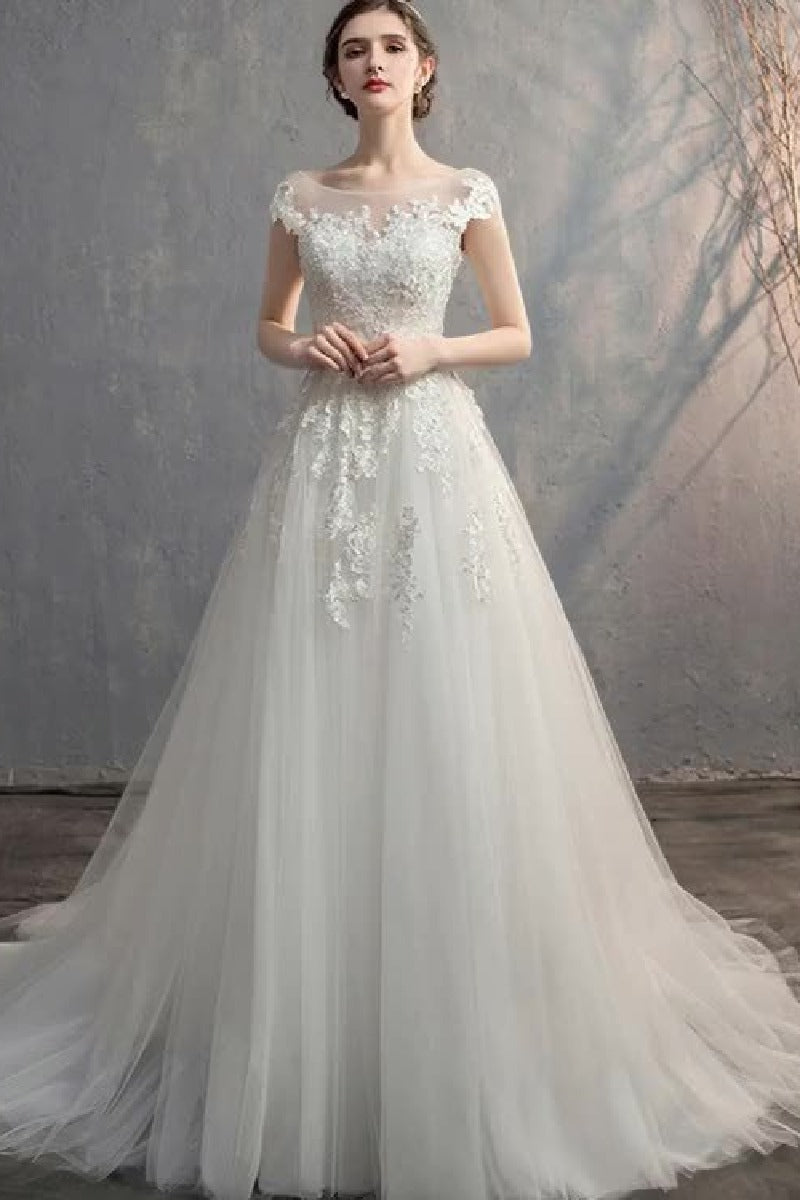 A-Line Sweep-Brush Train Lace Tulle Wedding Dress 774150163562