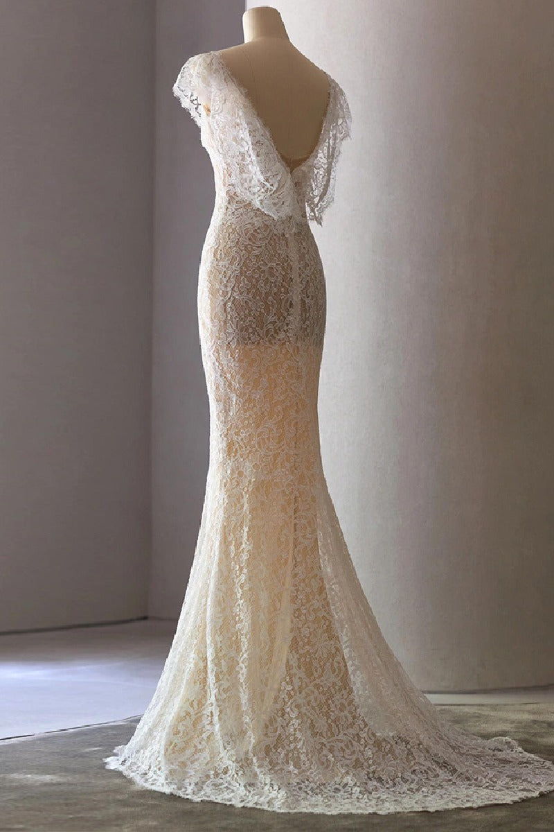 Trumpet-Mermaid Sweep-Brush Train Lace Wedding Dress 802161905314