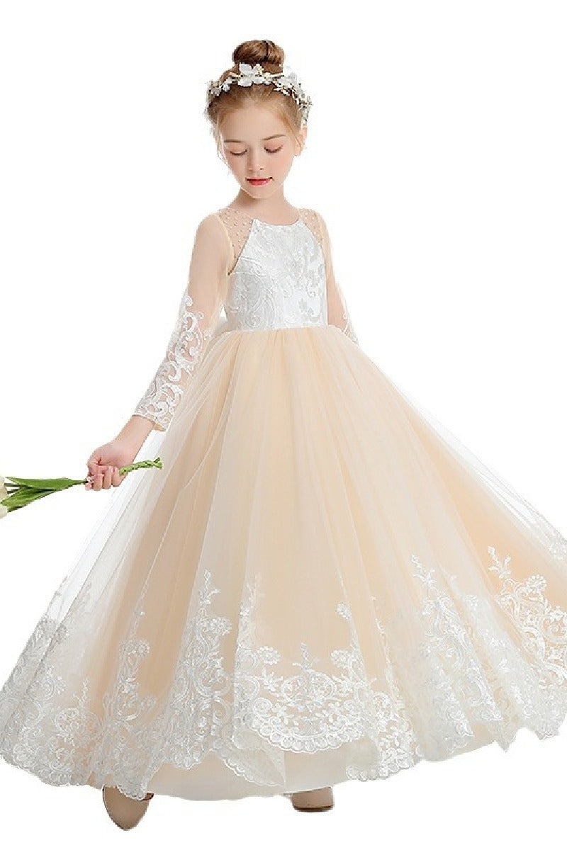 Ball-Gown/Princess Lace Tulle Sweep Floor Length Flower Girl Dresses Pageant Dresses With Bow 760441981255