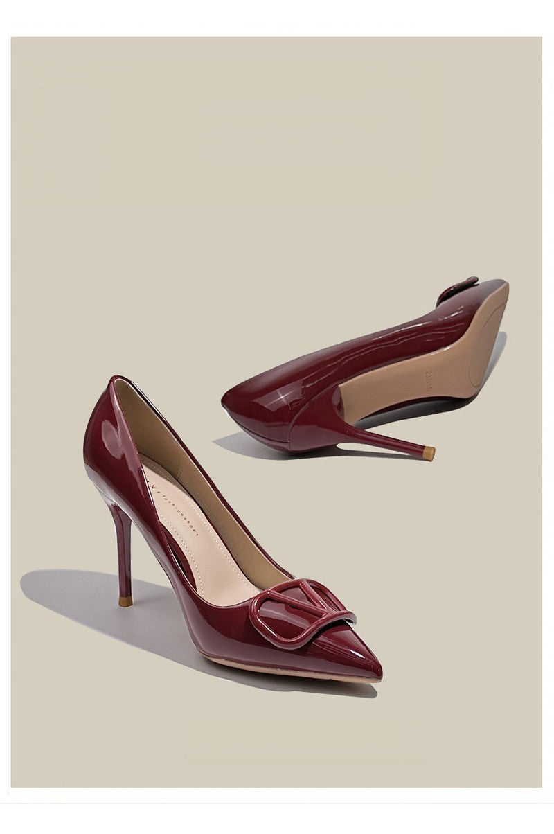 Temperament all-match V-button pointy stiletto heels patent leather dress shoes 726578630201