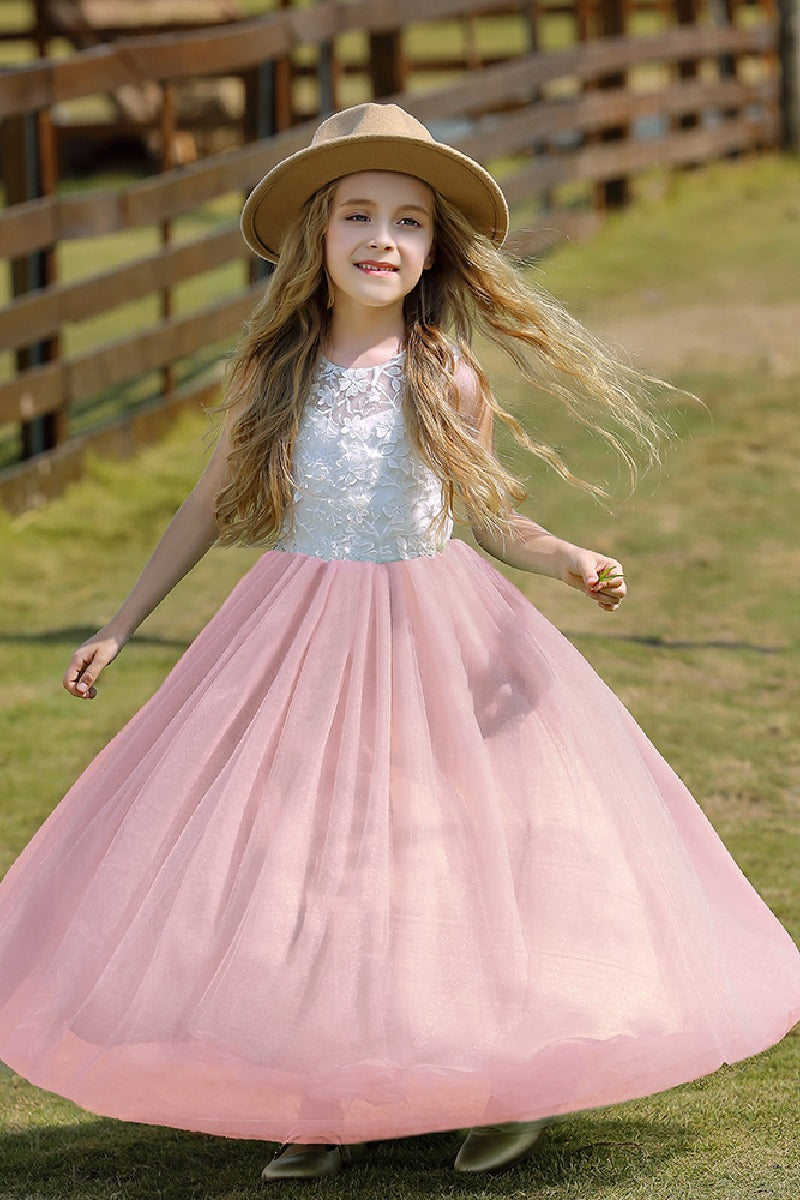 A-Line/Princess Illusion Neck Knee-Length Lace Tulle Flower Girl Dress 744728958346