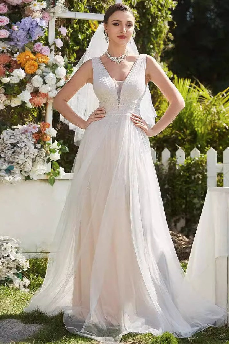 A-Line  Sweep-Brush Train Tulle Wedding Dress 837230348553