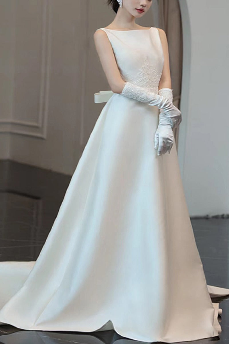 A-Line Chapel Train Satin Wedding Dress 732407195176