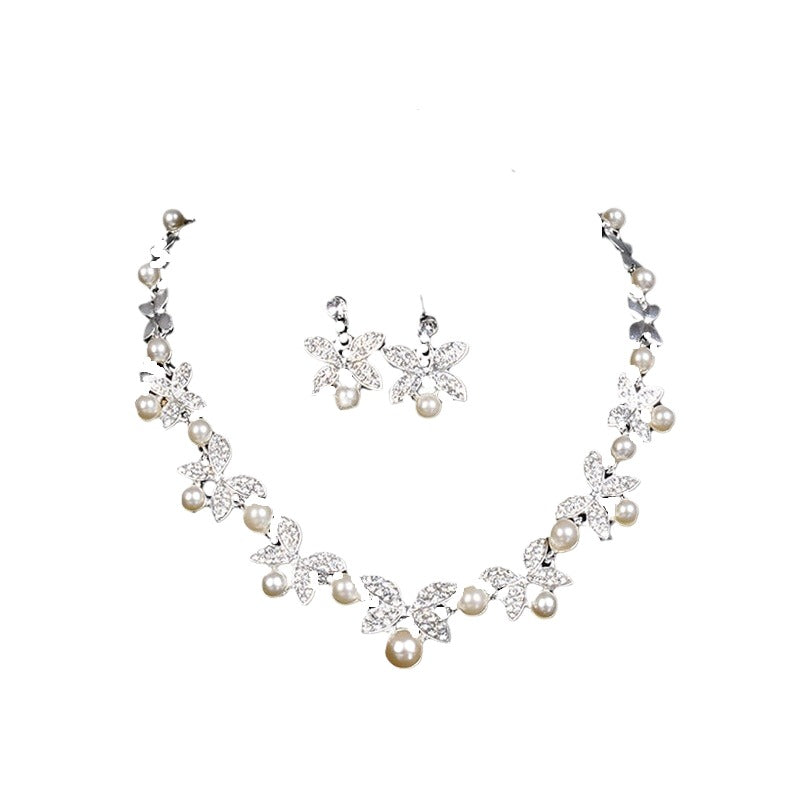 Bridal accessories Explosive diamond set fashion necklace short butterfly clavicle chain earrings set  535630709634