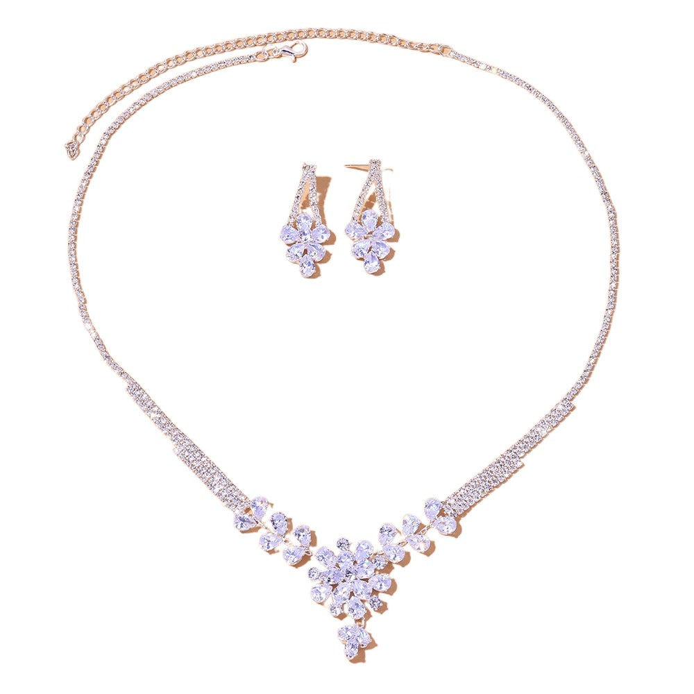 Light luxe Zircon flower Jewelry Set Bridal accessories Fashion temperament necklace earrings set Jewelry set  651033972010