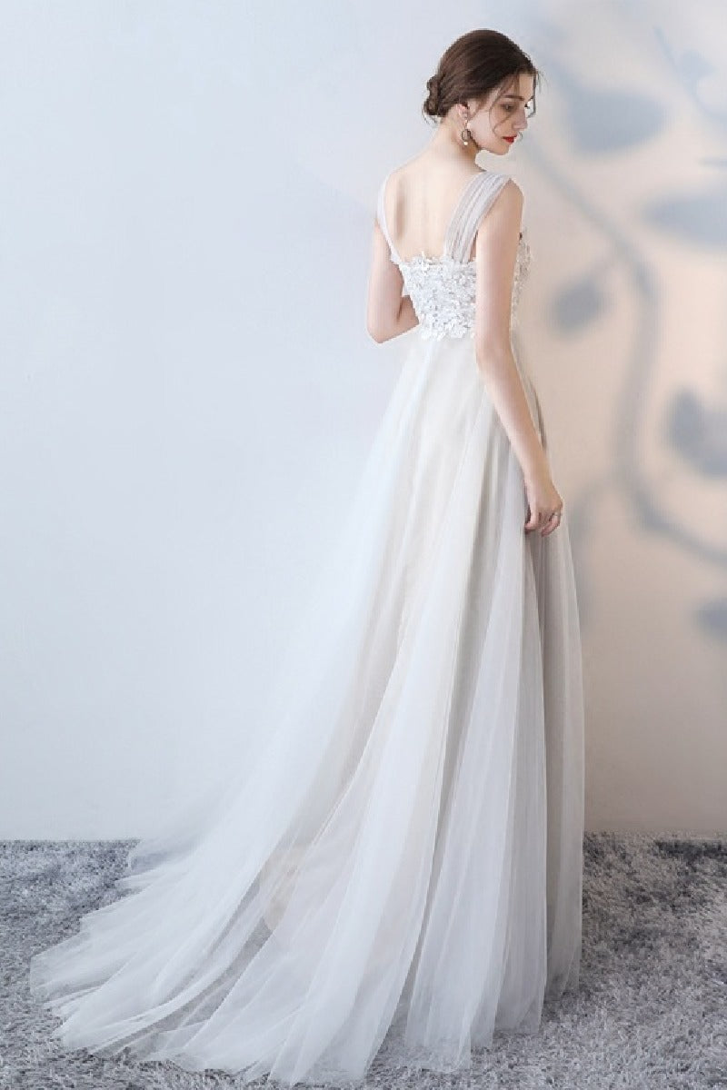 A-Line Sweep-Brush Train Lace Tulle Wedding Dress 623545078224