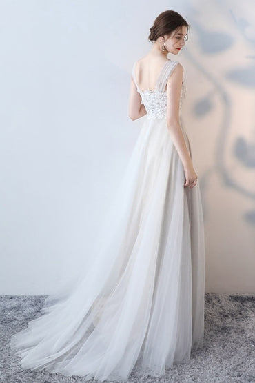 A-Line Sweep-Brush Train Lace Tulle Wedding Dress 623545078224