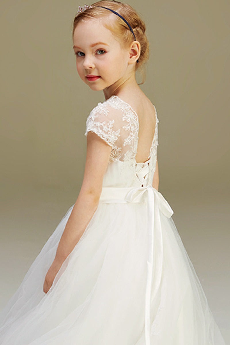 Ball-Gown Illusion Neck Princess Tulle Flower Girl Dresses With Appliques Lace 626723738802