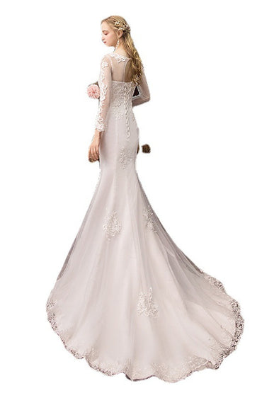 Trumpet-Mermaid Sweep-Brush Train Lace Tulle Wedding Dress 605503223960