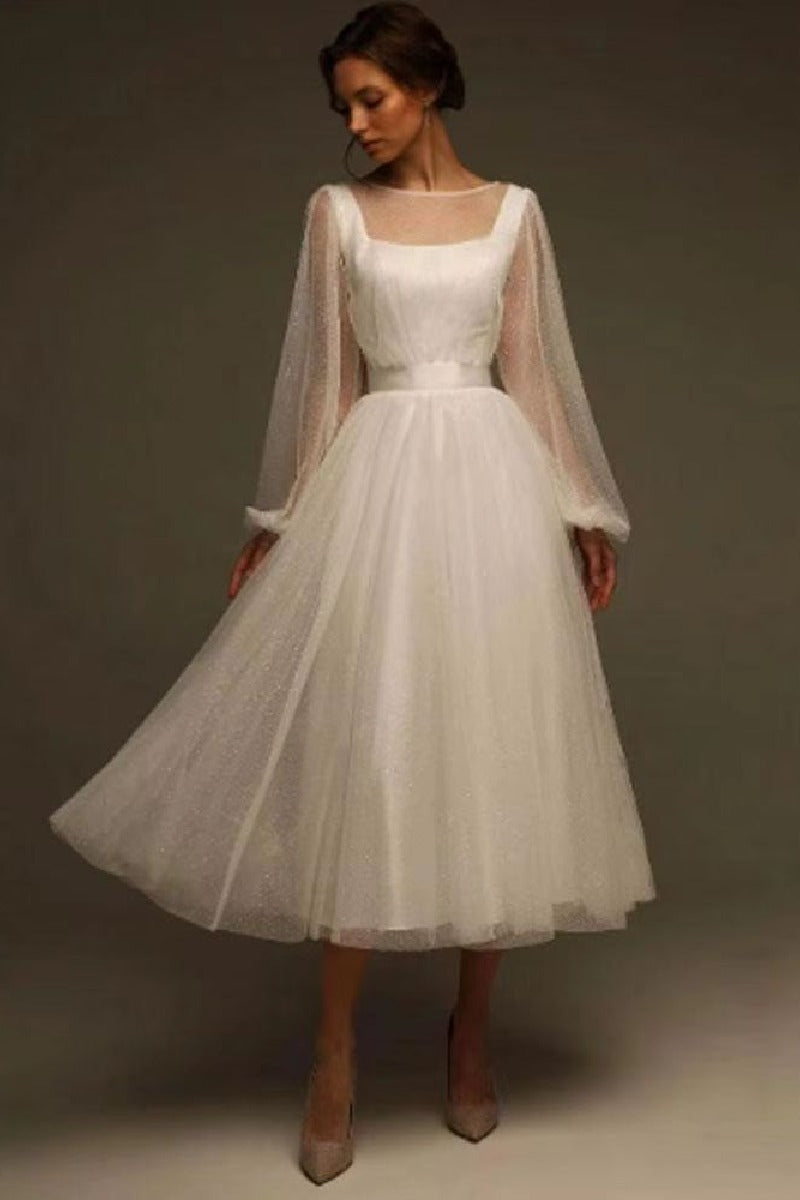 A-Line Tea Length Tulle Wedding Dress 857895271881