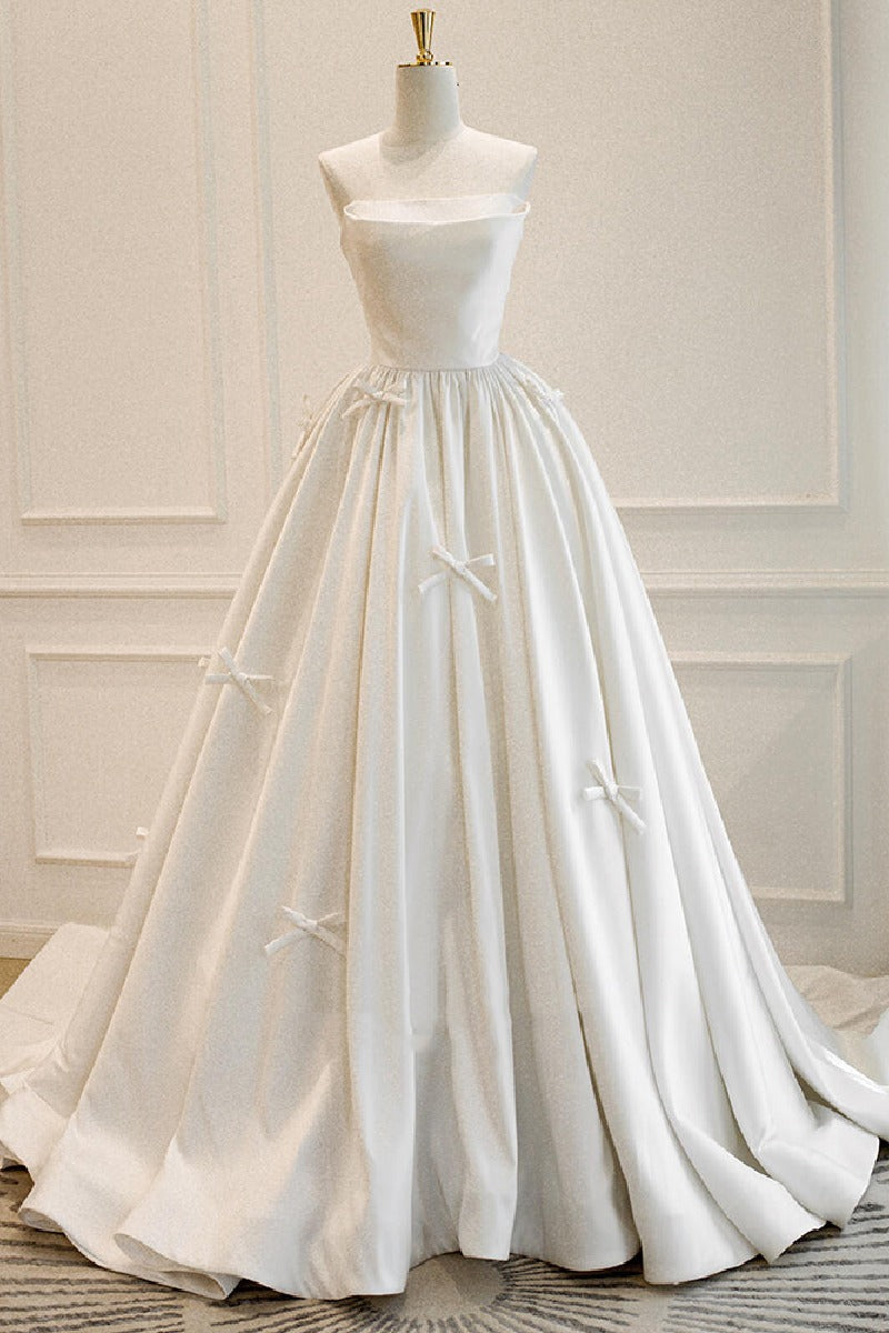 A-Line Sweep-Brush Train Satin Wedding Dress 819306631963