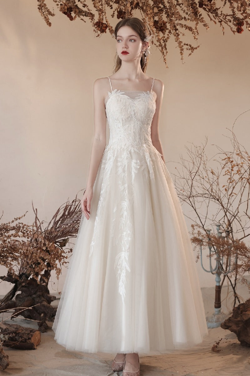 A-Line Ankle Length Lace Tulle Wedding Dress 820734030790