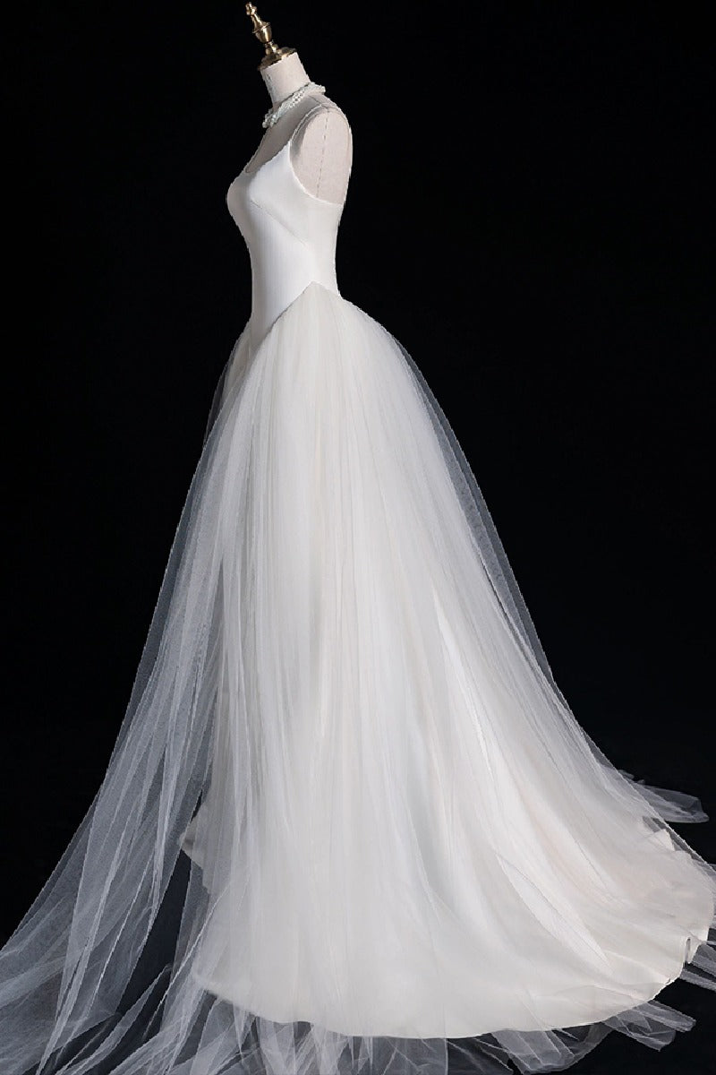 A-Line Sweep-Brush Train Satin Tulle Wedding Dress 735531201362