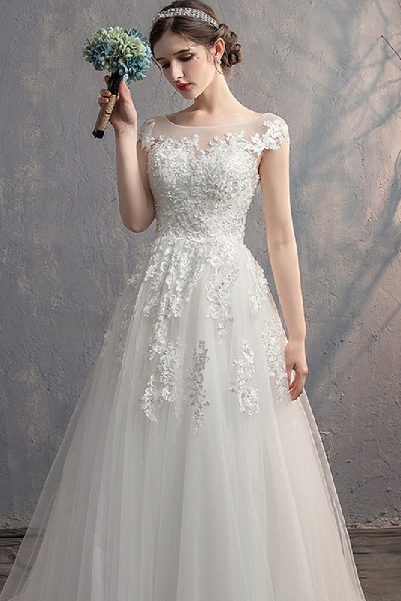 A-Line Sweep-Brush Train Lace Tulle Wedding Dress 774150163562