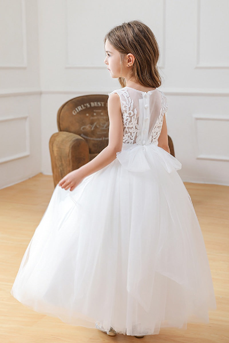 A-line/Princess Illusion Neck Tea Length Lace Tulle Flower Girl Dress 785081622909