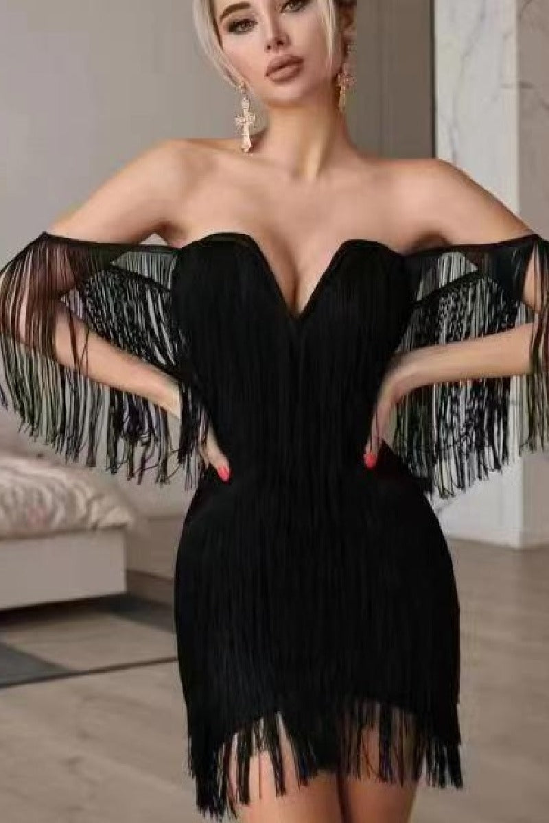 Black bandage dress with shoulder fringe V lead party dress 833532591051