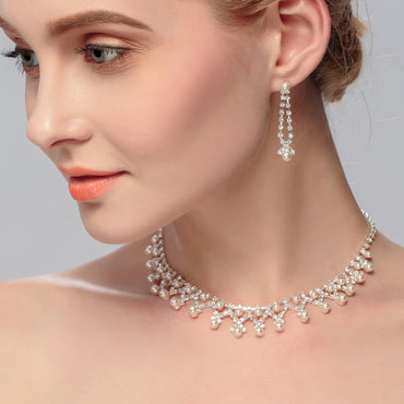 Jewelry Pearl Rhinestone Necklace Earrings 2-Piece Set 527668596787