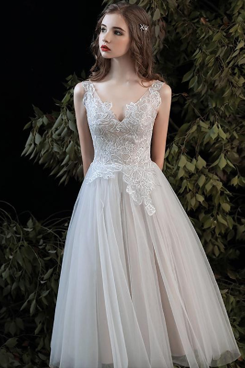 A-Line Tea Length Lace Tulle Wedding Dress 679197245061