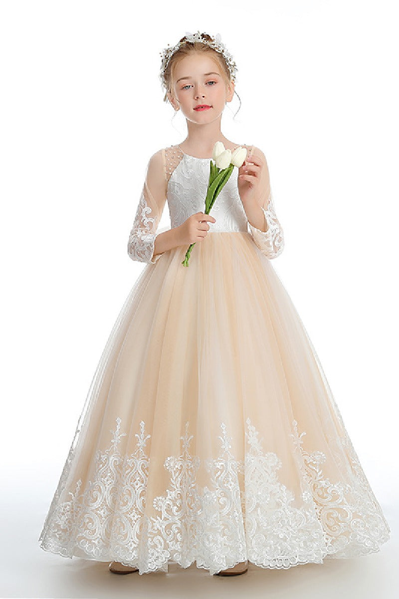 Ball-Gown/Princess Lace Tulle Sweep Floor Length Flower Girl Dresses Pageant Dresses With Bow 760441981255