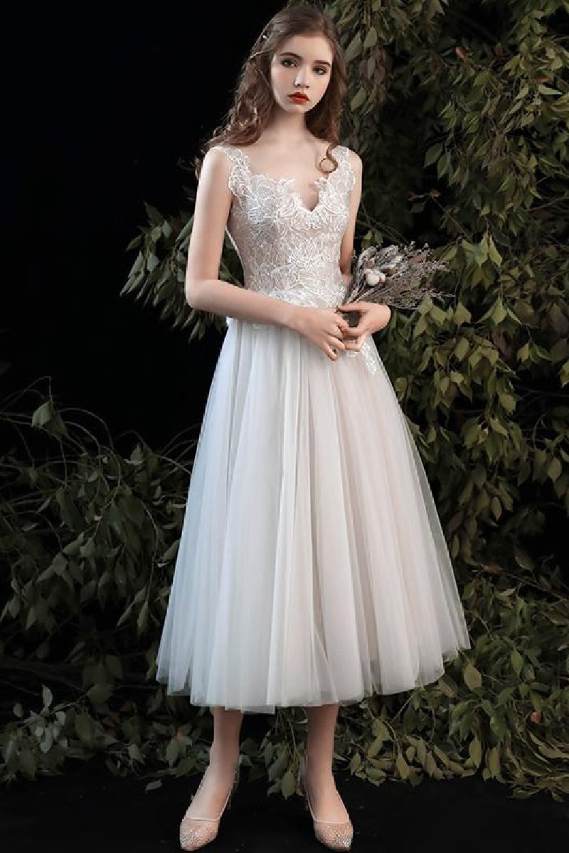 A-Line Tea Length Lace Tulle Wedding Dress 679197245061