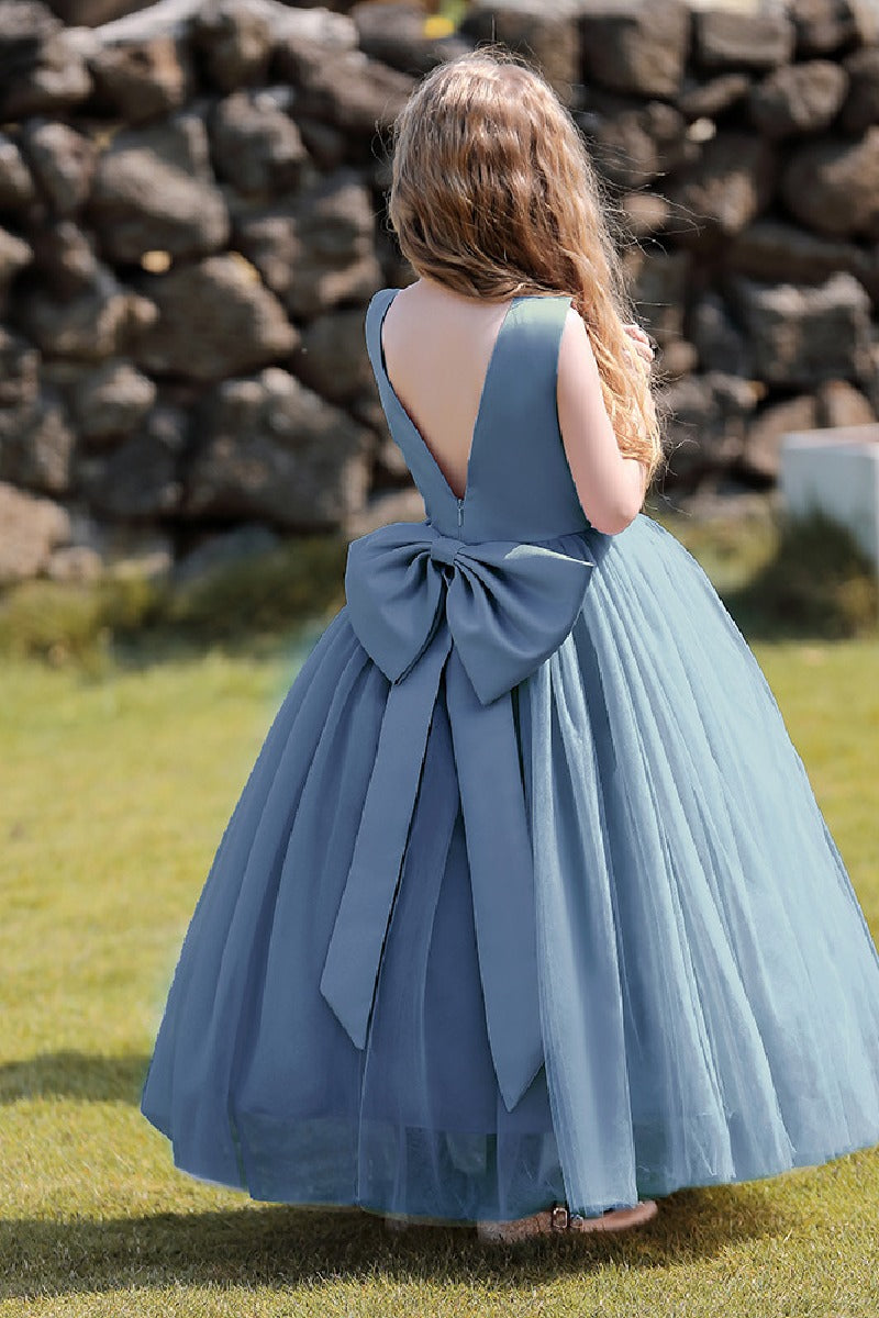 A-Line Scoop Neck Sleeveless Floor-Length Satin/Tulle Flower Girl Dresses With Bow(s)  744500696201