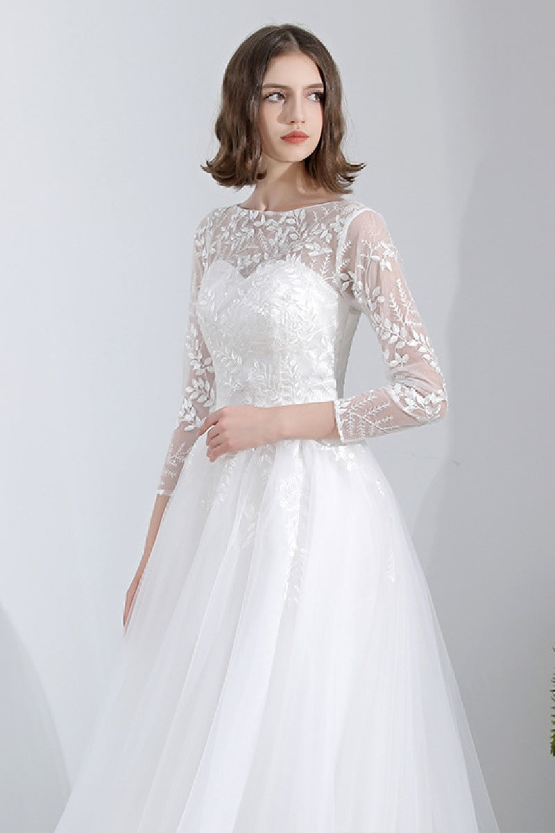 A-Line Floor Length Lace Tulle Wedding Dress 629871670095