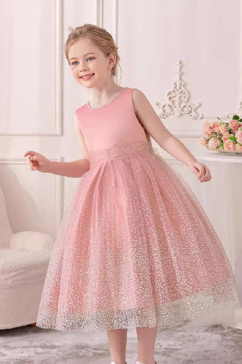 A-Line Scoop Neck Sleeveless Midi Tulle/Sequined Flower Girl Dresses 828722259586